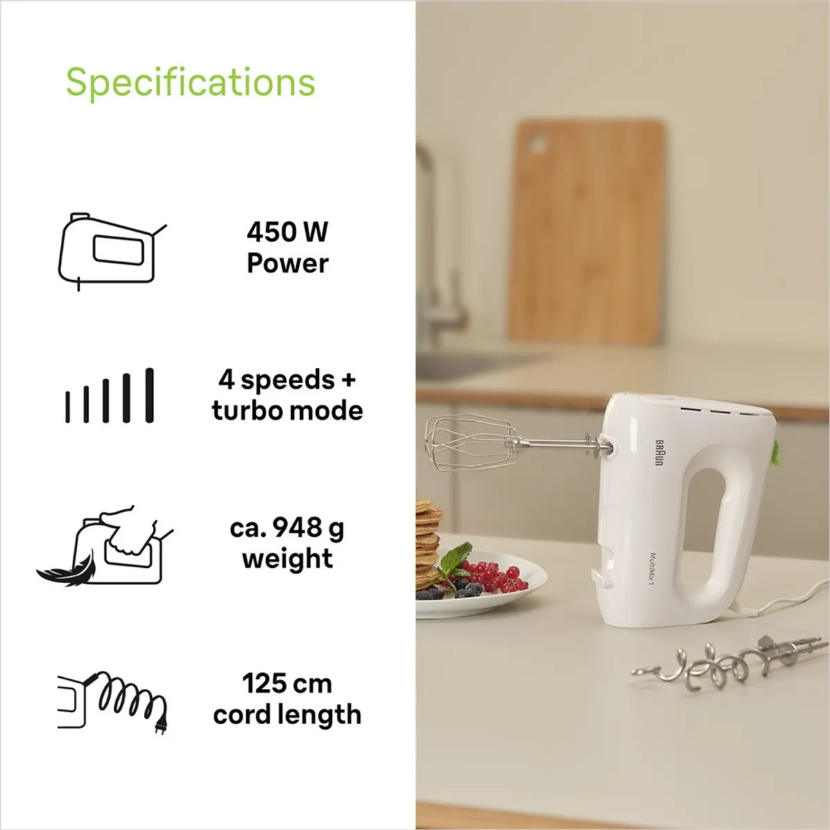 Braun HM1110WH Kézi mixer 450 W 4 fokozat Turbo habverő dagasztóhorgok mosogatógépben tisztítható részek 1,25 m fehér #5