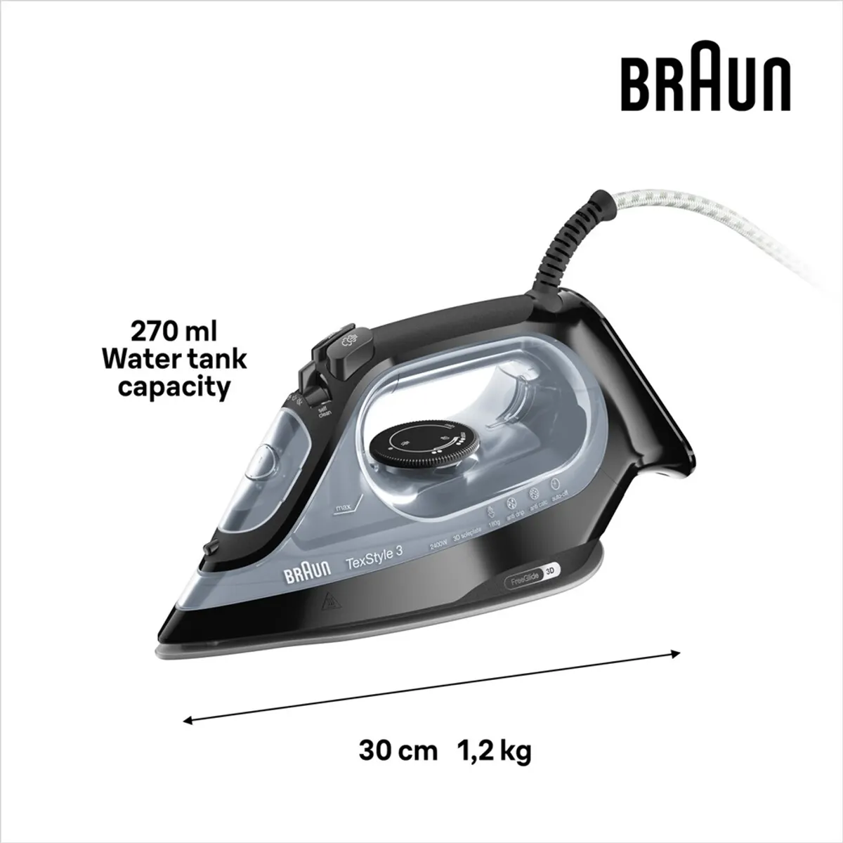 Braun SI3055BK Gőzölős vasaló beépített tartály 0,27 L 2400 W gőz 45 g/perc 180 g/perc kerámia talp öntisztító 2 m vezeték hegyes vasalóorr #5