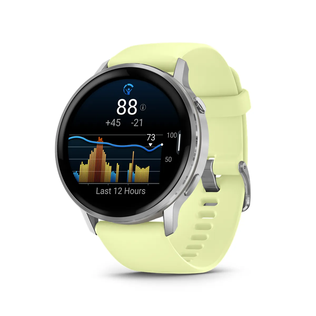 Garmin 010-03014-02 Venu 4 45mm AMOLED kijelző 1.4" felbontás 454x454 érintőképernyő 8 GB Wi-Fi GPS ezüst tok citromsárga szilikonszíj #2
