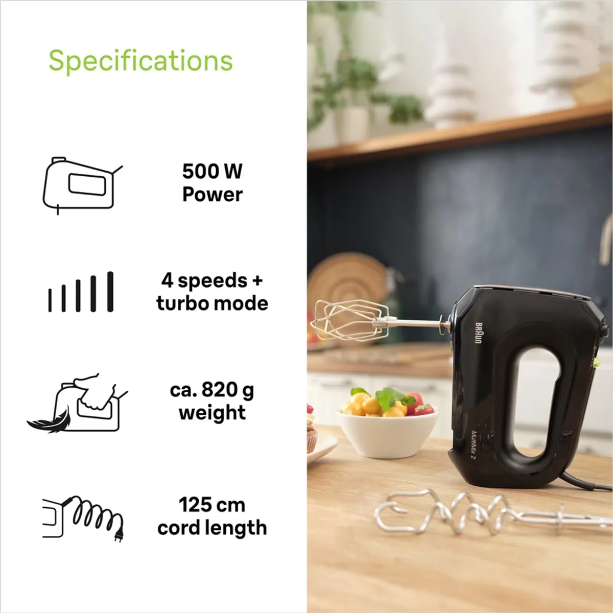 Braun HM2110BK kézi mixer 500 W 4 sebesség turbo dagasztóhorgok habverő 1,25 m vezeték fekete #3
