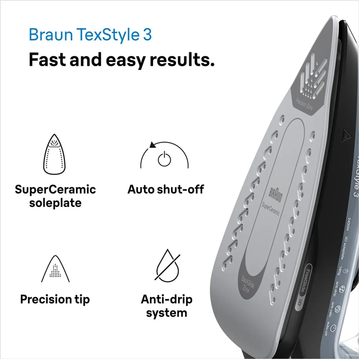 Braun SI3055BK Gőzölős vasaló beépített tartály 0,27 L 2400 W gőz 45 g/perc 180 g/perc kerámia talp öntisztító 2 m vezeték hegyes vasalóorr #2