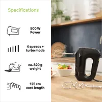Braun HM2110BK kézi mixer 500 W 4 sebesség turbo dagasztóhorgok habverő 1,25 m vezeték fekete #3